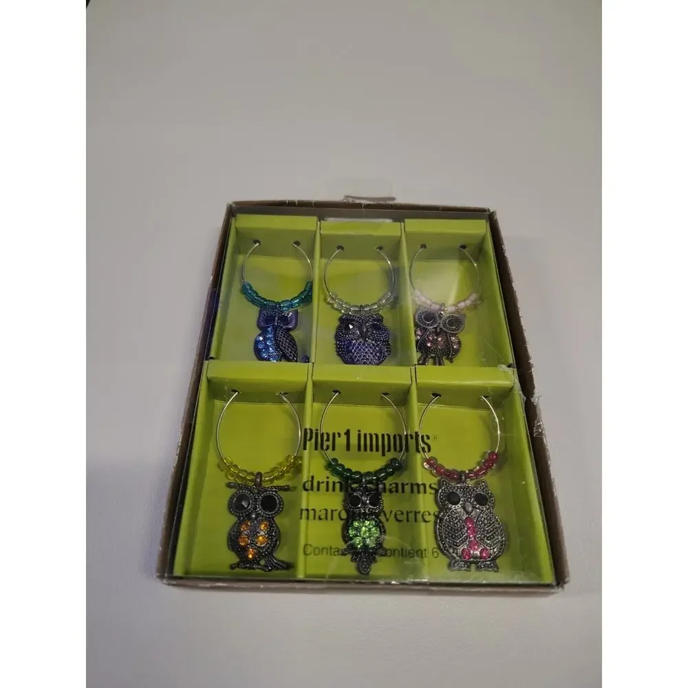 Pier 1 Imports Owl Beaded Wine Glass Drink Charms Set of 6